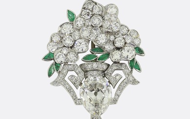 Art Deco Emerald and Diamond Flower Vase Brooch