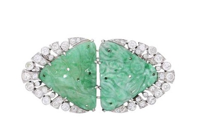 Art Déco Paar Kleiderclips/Brosche mit Jade und 48 Diamanten