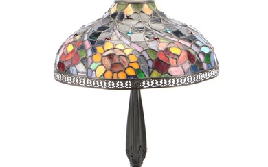 Art Nouveau Style Floral Slag Glass and Metal Table Lamp