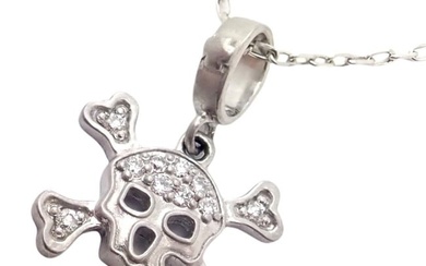 Authentic! Loree Rodkin 18k White Gold Diamond Skull Crossbones Pendant Necklace