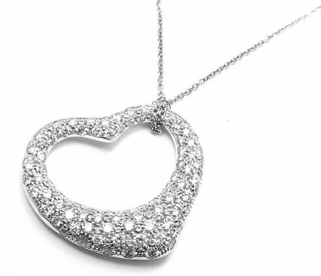 Authentic! Tiffany & Co Peretti Platinum 3ct Diamond Large Open Heart Necklace