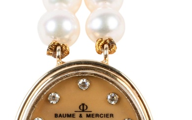 BAUME & MERCIER VINTAGE WOMEN'S 14K YELLOW GOLD PEARL AND DIAMOND WRISTWATCH Length: 6 3/4 in. (17.1 cm.)