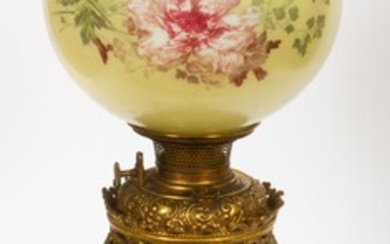 BRADLEY AND HUBBARD, SPELTER OIL LAMP, GLASS GLOBE C. 1850, H 28"