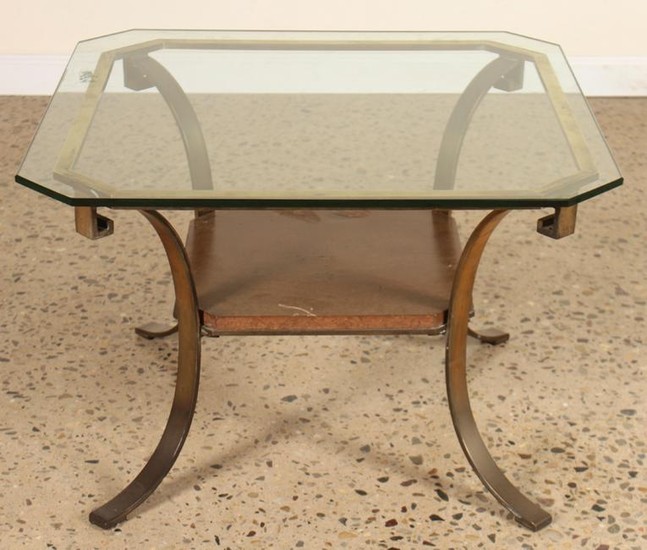 BRONZE AND GLASS MAHOGANY SHELF END TABLE C.1960