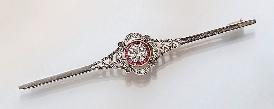 Bar brooch with synth. rubies and diamonds, France...