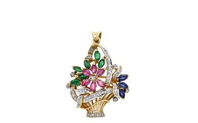Basket of flowers pendant brooch in yellow gold, diamonds, sapphires, rubies and emeralds