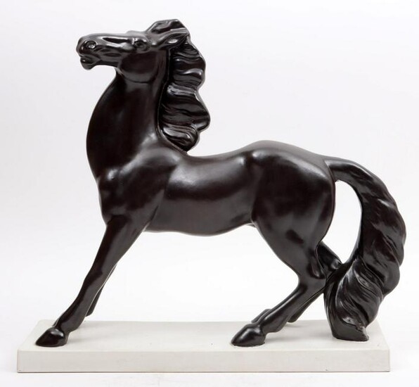 Black earthenware Art Deco sculpture of a horse on a