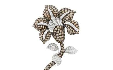 Blackened and White Gold, Brown Diamond and Diamond Flower Clip-Brooch