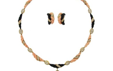 Boucheron Paris Coral Onyx Diamond Gold Necklace Earrings Set 1970s
