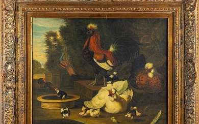 British School (19th Century) Compositions with peacocks, ro...