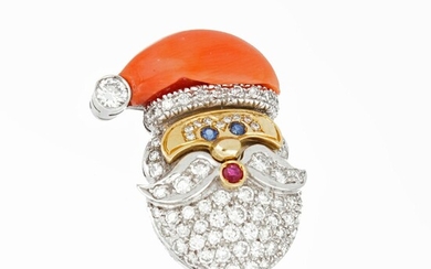 Broche/pendentif Père Noël en or blanc et jaune 18 carats avec diamants taille brillant d'un...