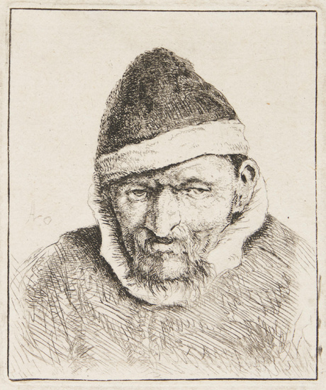 Brustbild eines Bauern mit spitzer Mütze