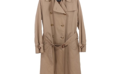 Burberry: A beige coat with buttons on the front, two pockets, removable belt and checkered print inside.