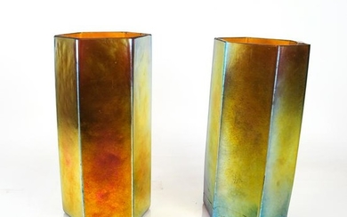 CARDER (Steuben) Pair Hexagonal Aurene Glass Vases