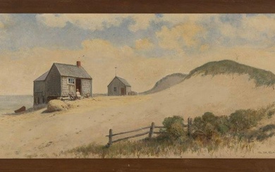 CHARLES DREW CAHOON (Massachusetts, 1861-1951), Fishing shacks in the dunes., Oil on board, 11&#8221