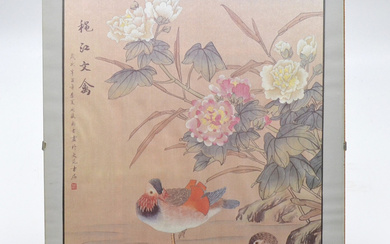 CHINESE ART PRINT, DUCKS AND FLOWERS, “OLD PINK”, MODERN FRAMING, 20TH CENTURY, CHINA.