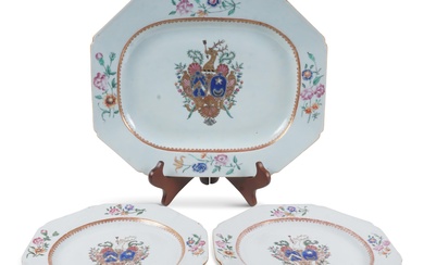 CHINESE EXPORT ARMORIAL SILVER-SHAPED PLATTER AND A PAIR OF OCTAGONAL DISHES, 18TH CENTURY Width: 13 in. (33 cm.)