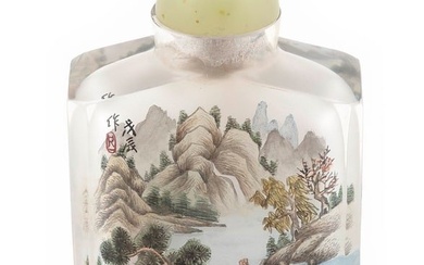CHINESE INTERIOR-PAINTED GLASS OVERSIZED SNUFF BOTTLE Late 19th Century Height 4". Celadon hardstone
