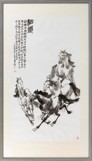 CHINESE PAINTING IN THE STYLE OF XU BEIHONG Depicting four galloping horses. Significant calligraphy and seal marks upper left. 48"...