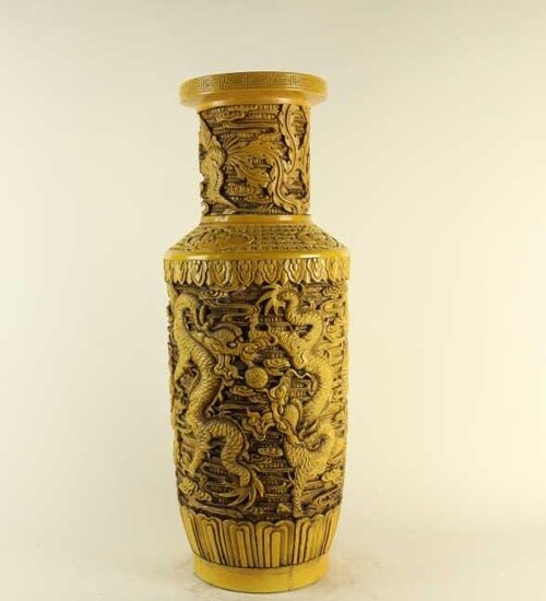 CHINESE YELLOW GLAZED CARVED ROULEAU VASE