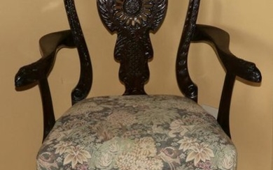 CHIPPENDALE MAHOGANY CARVED OPEN ARM CHAIR