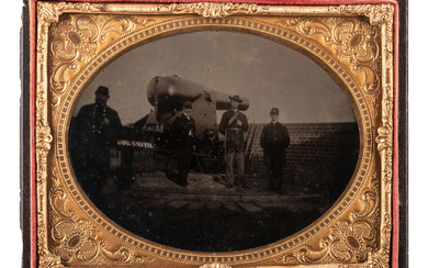 [CIVIL WAR]. Half plate tintype featuring Union officers posed with a Rodman Gun.