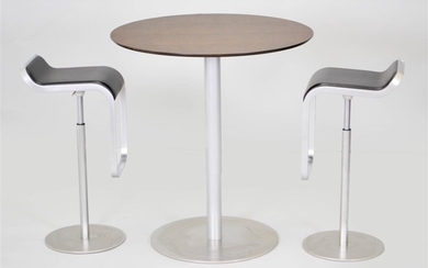 CONTEMPORARY OAK AND METAL CAFE TABLE AND PAIR OF BAR STOOLS