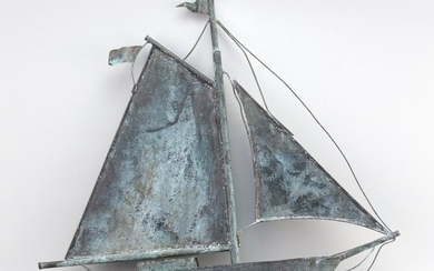 COPPER SAILBOAT WEATHER VANE With green patina. Height 21". Length 21".