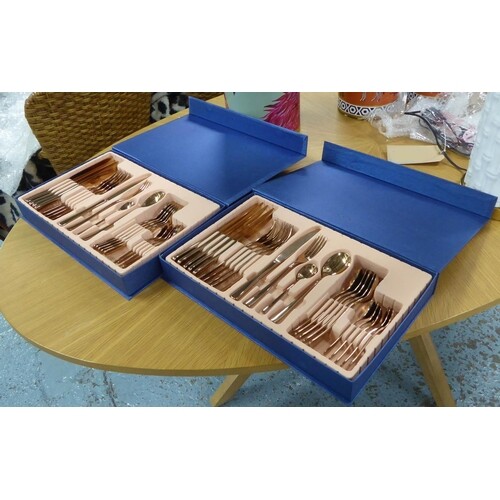 CUTLERY SETS, a pair, boxed, coppered finish, 42cm x 27cm x ...