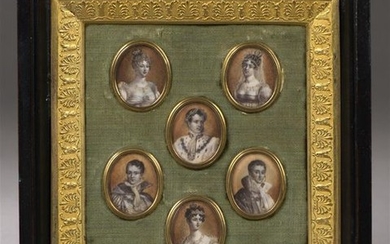 Cadre contenant six miniatures représentant la famille impériale....