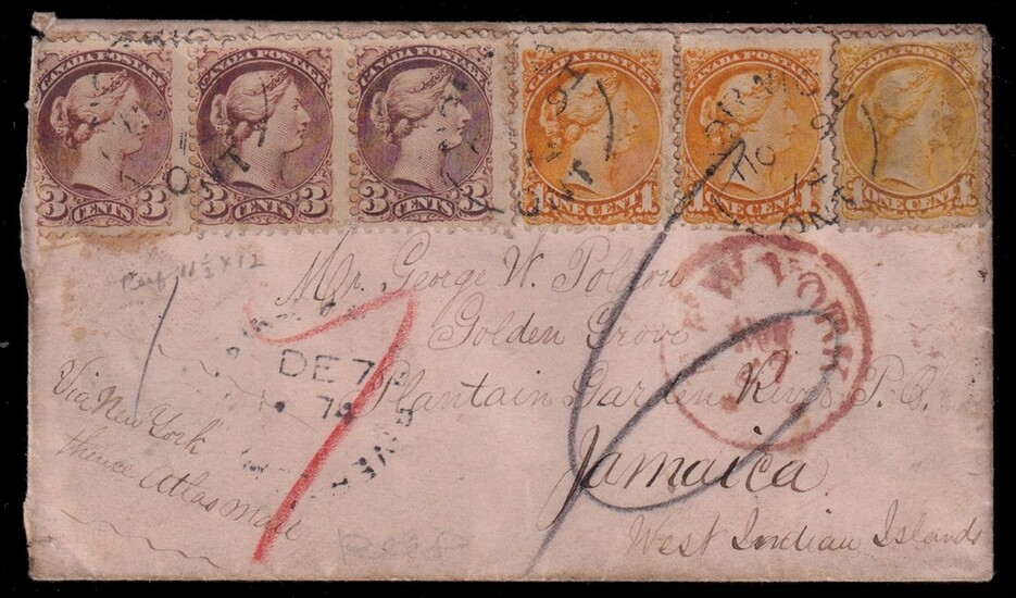 Canada 1874 12c rate Small Queen Registered cover to Jamaica, franked with three 1c and three 3...