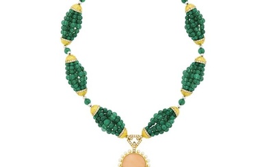 Cartier Multistrand Chrysoprase Bead, Gold, Angel Skin Coral, Diamond and Cultured Pearl