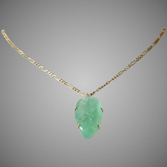Carved Emerald Leaf Pendant Necklace | 14K Yellow Gold
