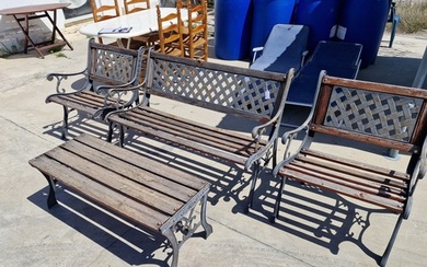 Cast Iron and Wood Slat Garden Set; Bench and Pair of Matchi...