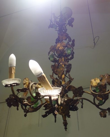 Chandelier with six lights in gilded metal, decorated...
