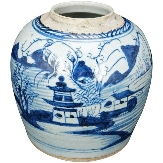 Chinese 18th C Blue and White Canton Ginger Jar