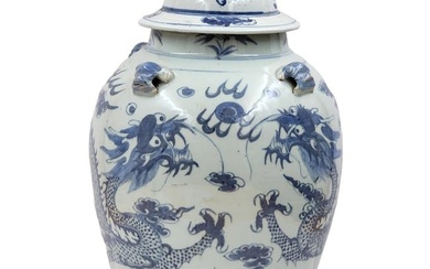 Chinese Blue And White Porcelain Lidded Floor Vase Decorated With Foo Dogs & Dragons