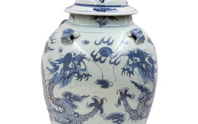 Chinese Blue And White Porcelain Lidded Floor Vase Decorated With...