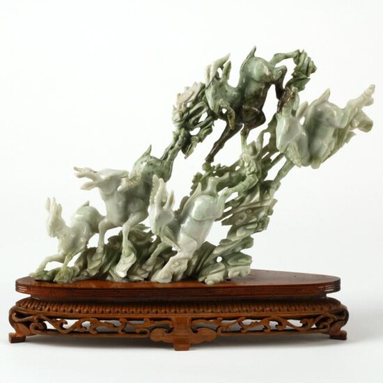 Chinese Carved Jade Goat Group on Wood Base.