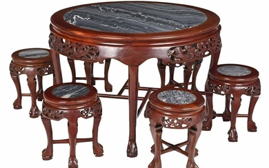 Chinese Carved and Marble Inset Suite, Six Stools