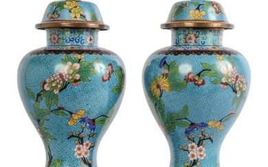 Chinese Pair Cloisonne Lidded Floral Ginger Jars