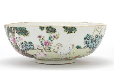 Chinese porcelain famille rose bowl with goats, red six figu...