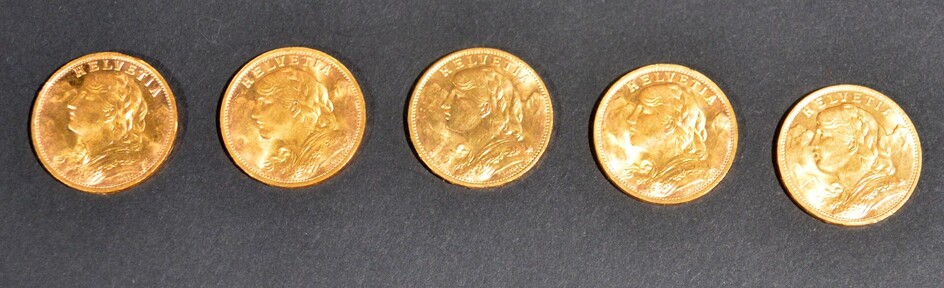 Cinq pièces de 20 Francs or Croix Suisse... - Lot 48 - Actéon - Compiègne Enchères