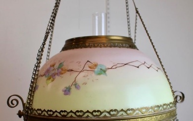 Circa 1870 Ornate Brass Hanging Parlour Lamp with Painted Floral Glass Shades