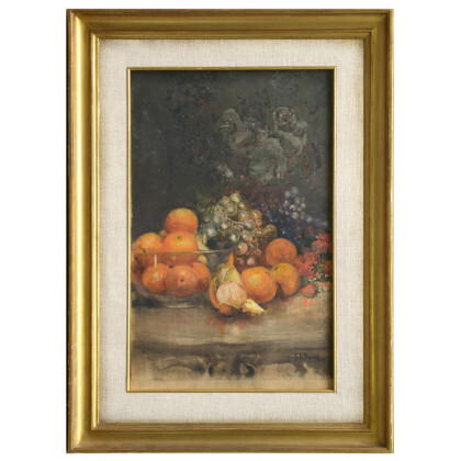 Giuseppe Ferdinando Piana ( Ceriana Di San Remo 1864 - Bordighera 1956 ) , "Composizione con frutta" acquerello su carta applicata a tela (cm 53x34) Firmato in basso a destra. In cornice