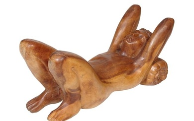 Contemporary Carved Walnut Coffee Table Base, 20th/21st c., in the form of a reclining nude male on