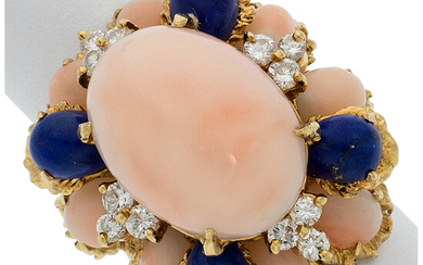 Coral, Lapis Lazuli, Diamond, Gold Ring Stones: Full-cut diamonds...