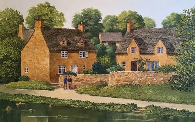 Cotswolds Cottages Riverside English Village Large Landscape Signed Oil