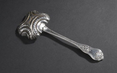 Silver sprinkling spoon, net and shell model, with square section...