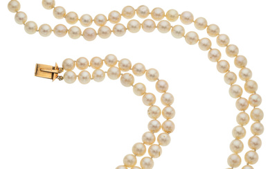 Cultured Pearl, Emerald, Diamond, Gold Necklace Stones: Single-cut diamonds...